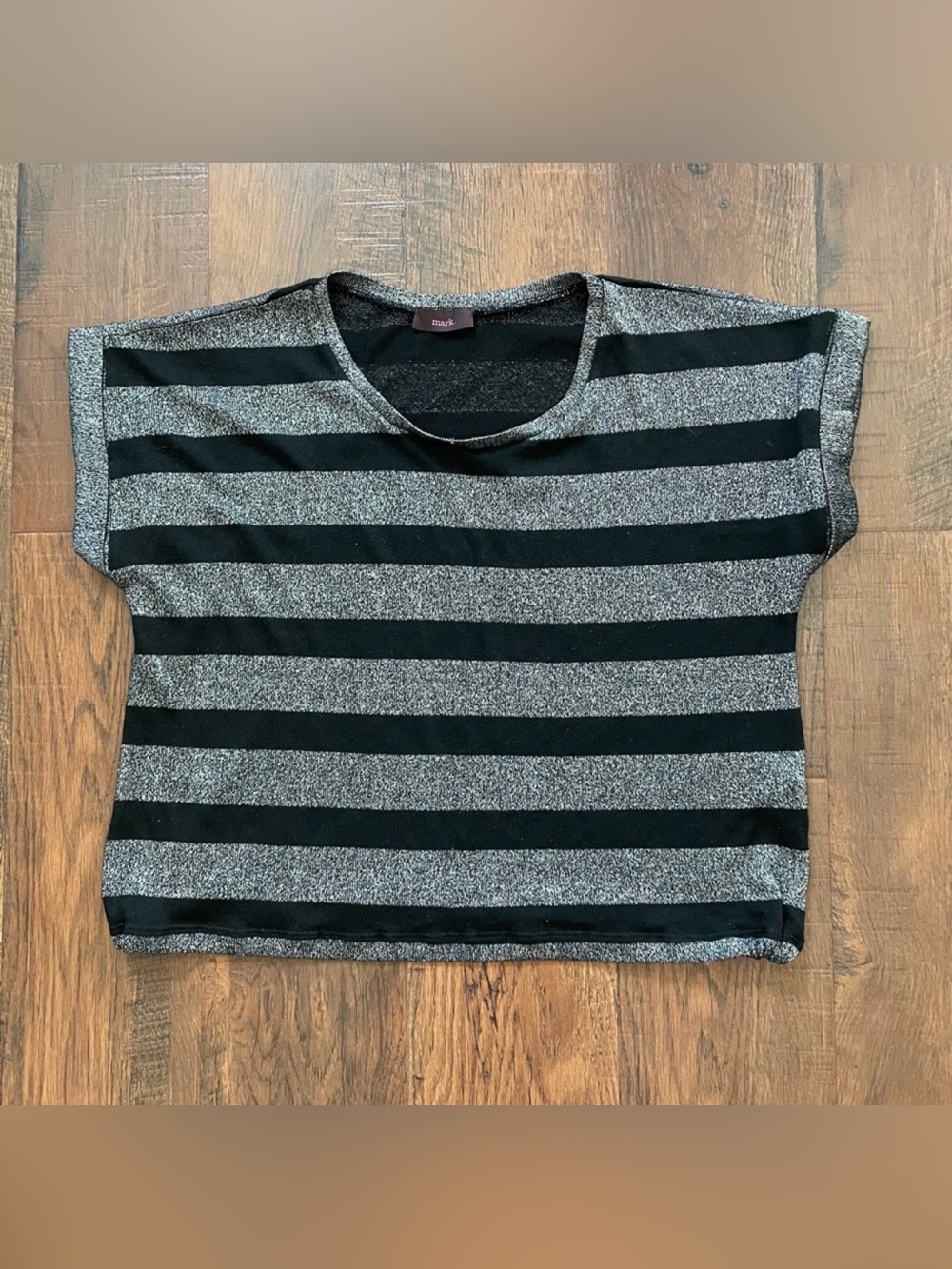 MARK. silver metallic and black striped boxy top, size XL